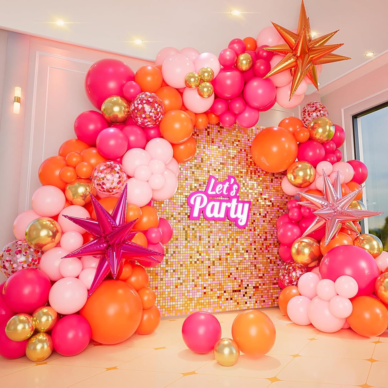 Pink and Orange Balloon Arch Kit with Hot Pink, Orange & Metallic Gold Balloons Garland for Birthday, Baby Shower, Wedding, Tropical Summer Party Decorations